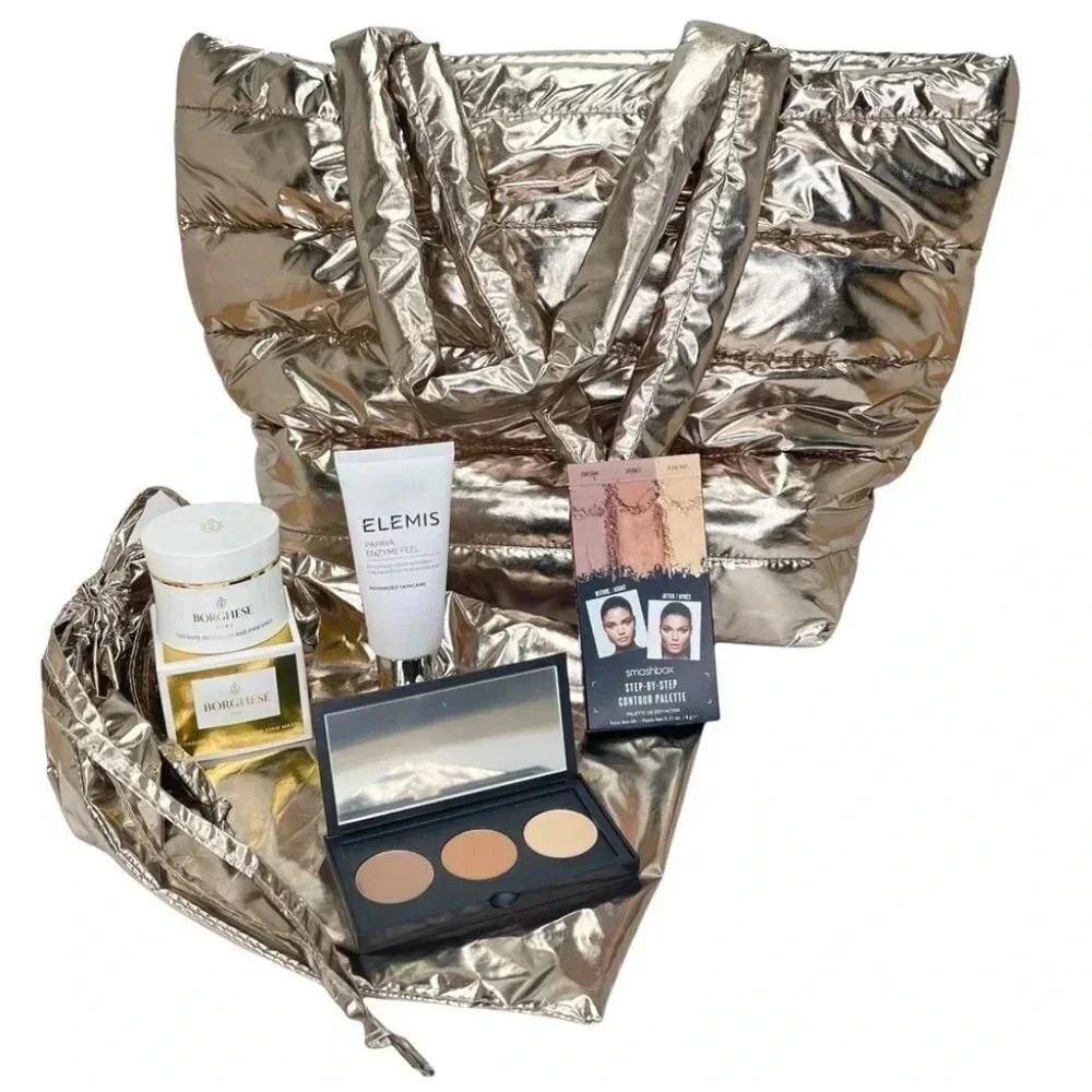5 Piece Gold Quilted Puffer Tote Womens Skin Care Set - Elemis Smashbox Borghese - Picture 2 of 15